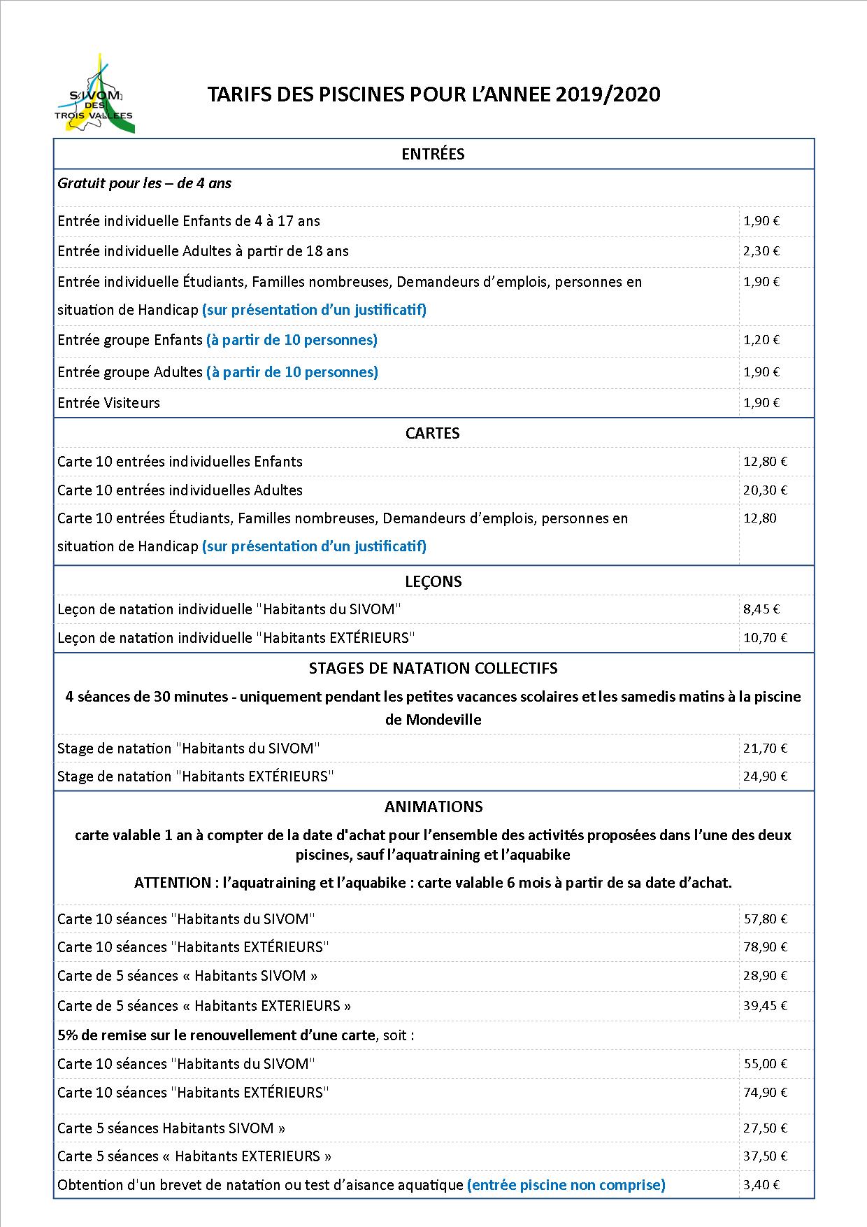 Tarifs 2019-2020